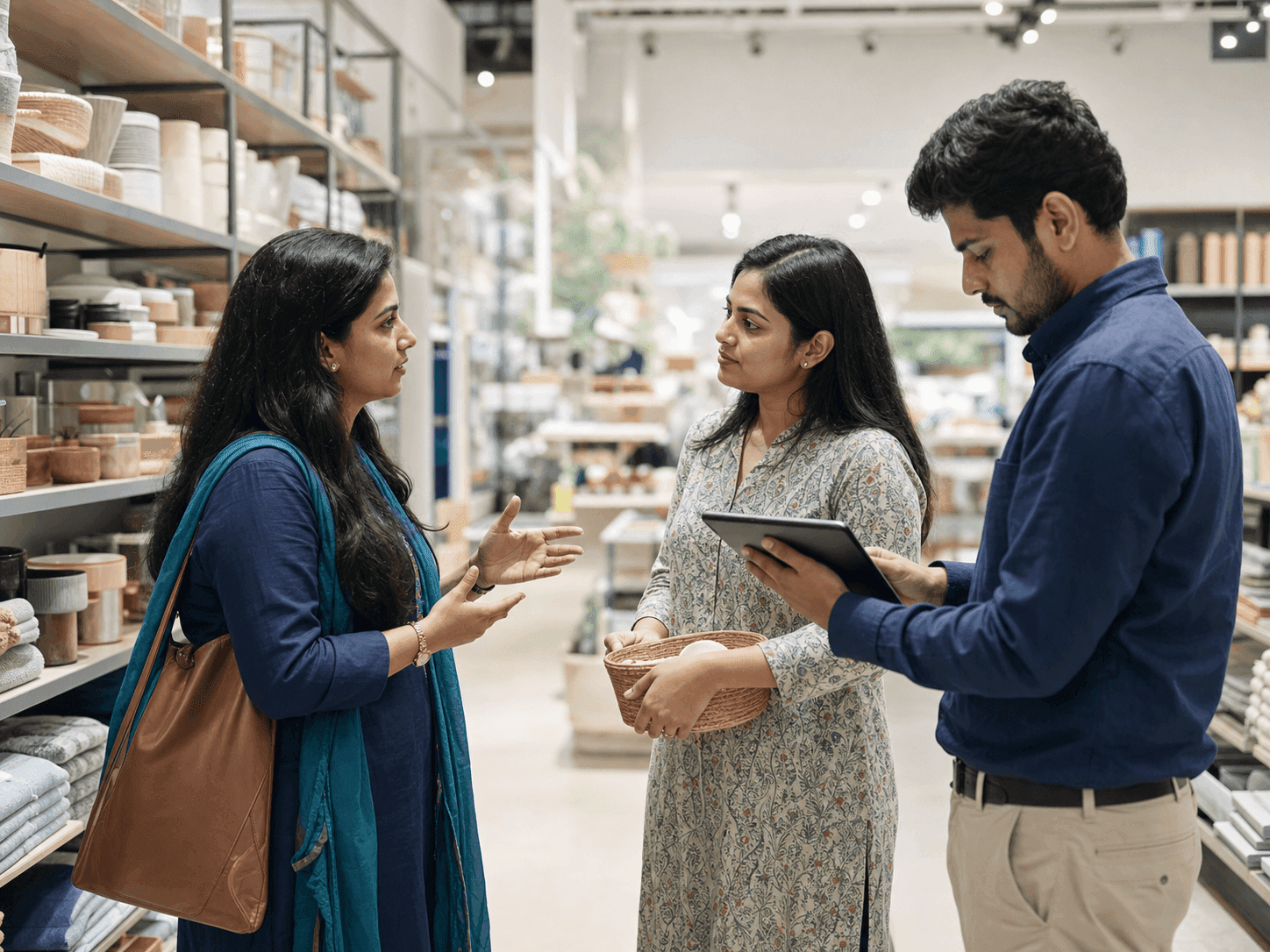 Market researchers speaking with a shopper and recording field responses in an Indian retail store