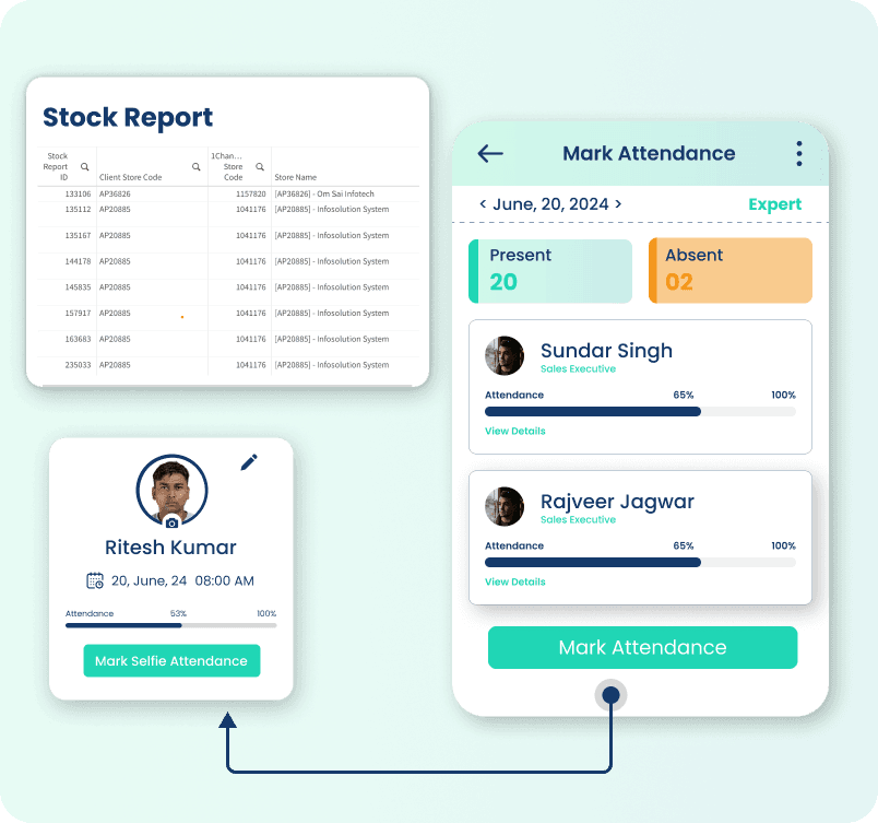 Field operations app with stock reports and selfie-based attendance marking