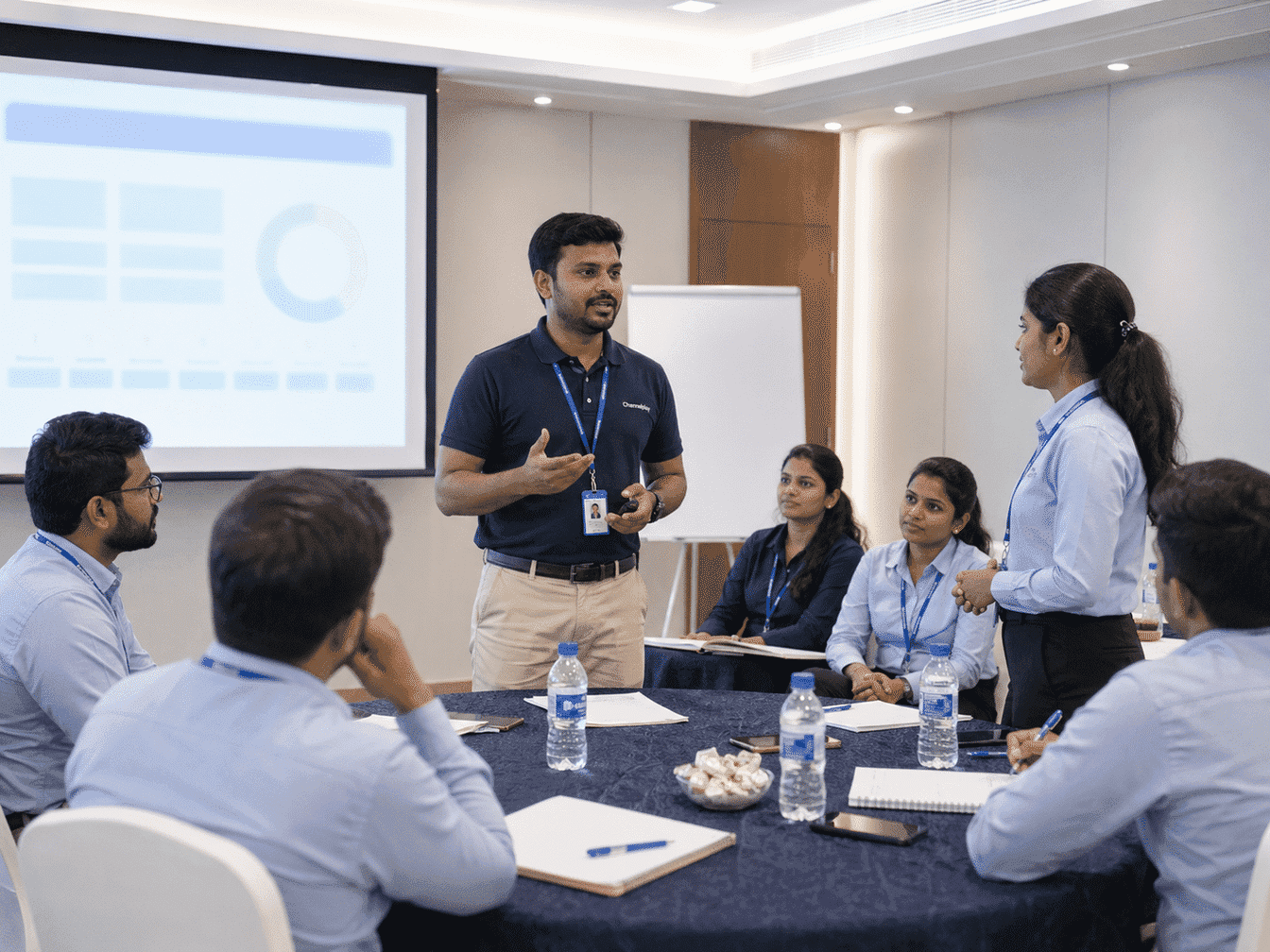 Channelplay trainer facilitating a classroom role-play session for sales trainees