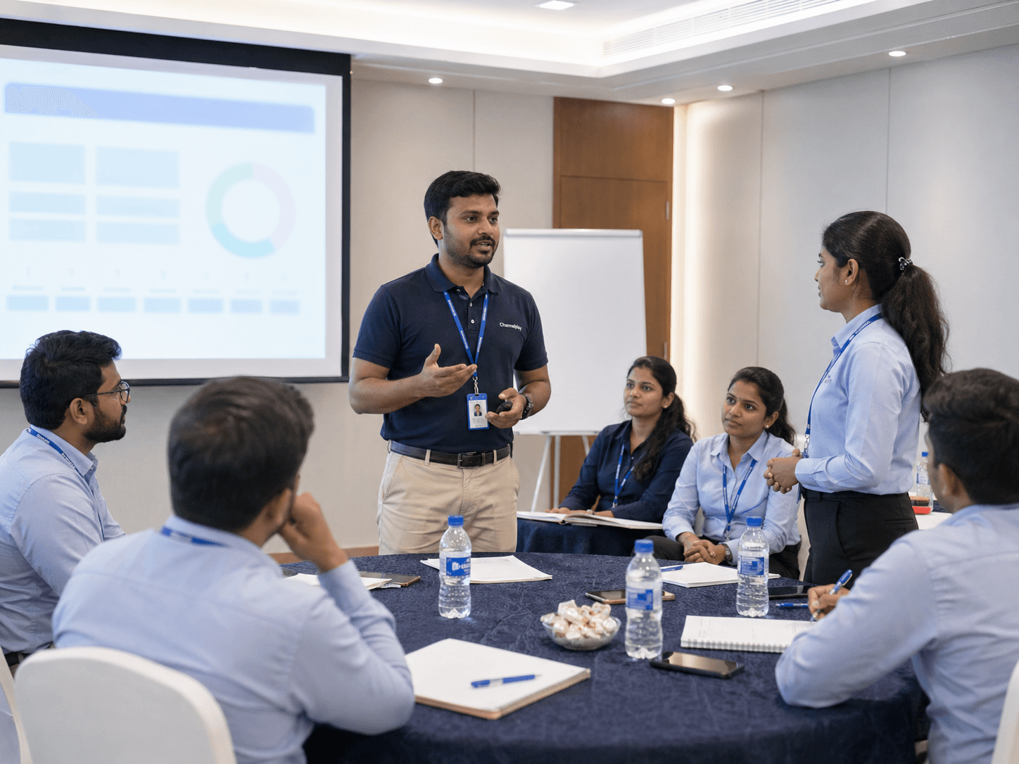 Channelplay trainer facilitating a classroom role-play session for sales trainees