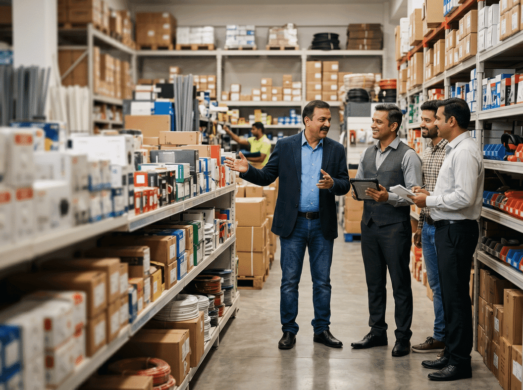 Dealer and distributor channel partners reviewing products in a trade warehouse