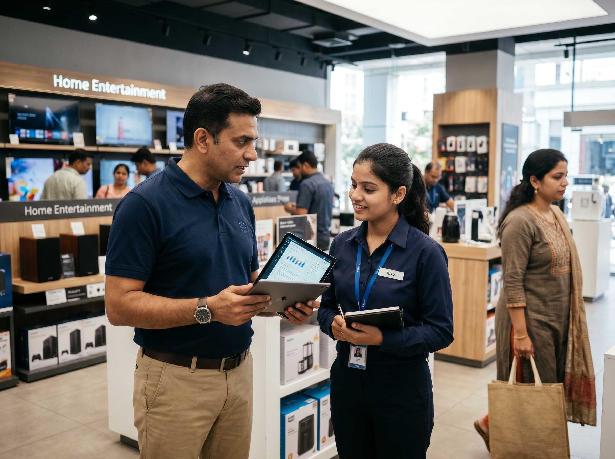 Trainer giving immediate coaching feedback to a salesperson inside a retail store