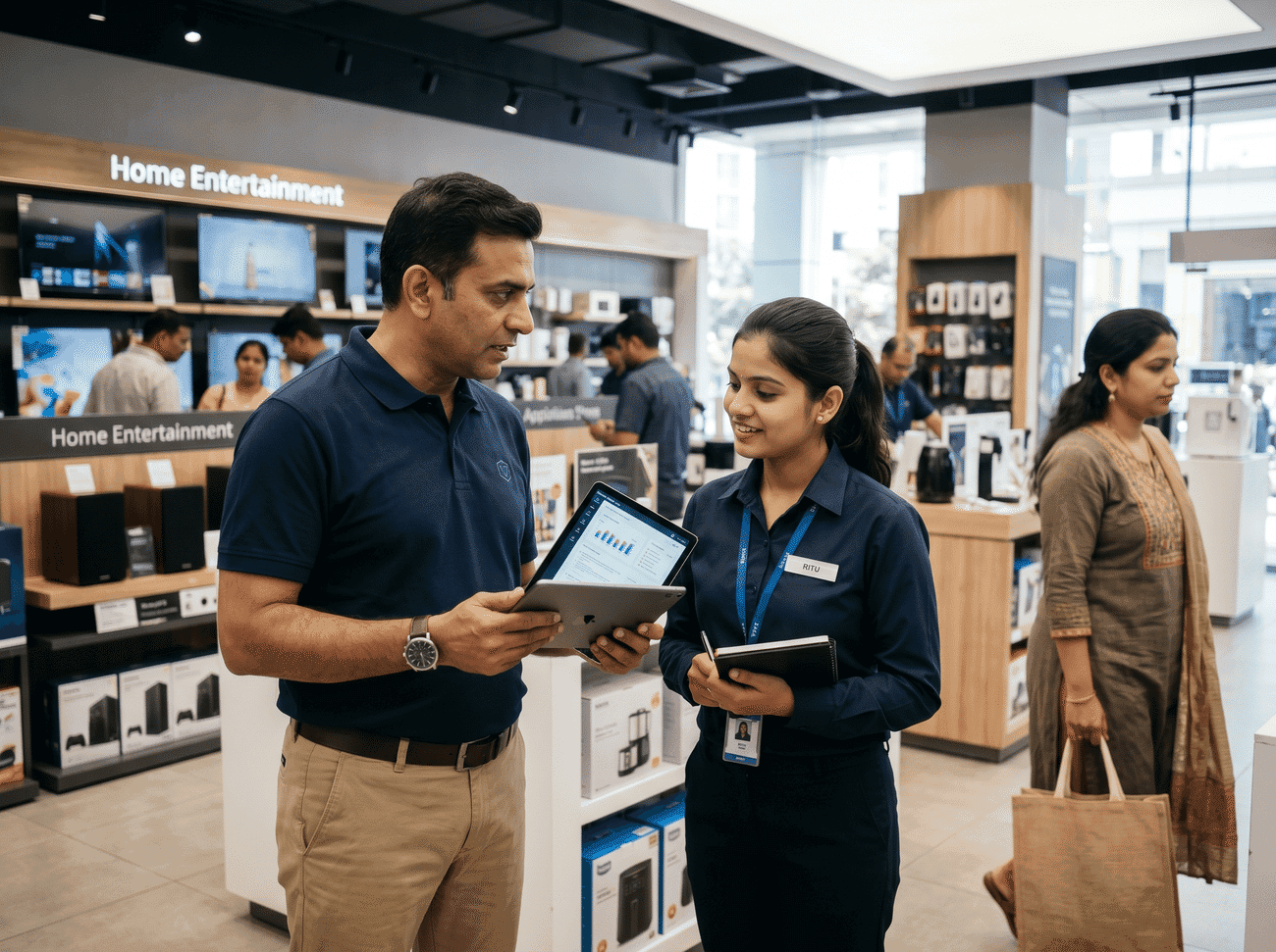 Trainer giving immediate coaching feedback to a salesperson inside a retail store