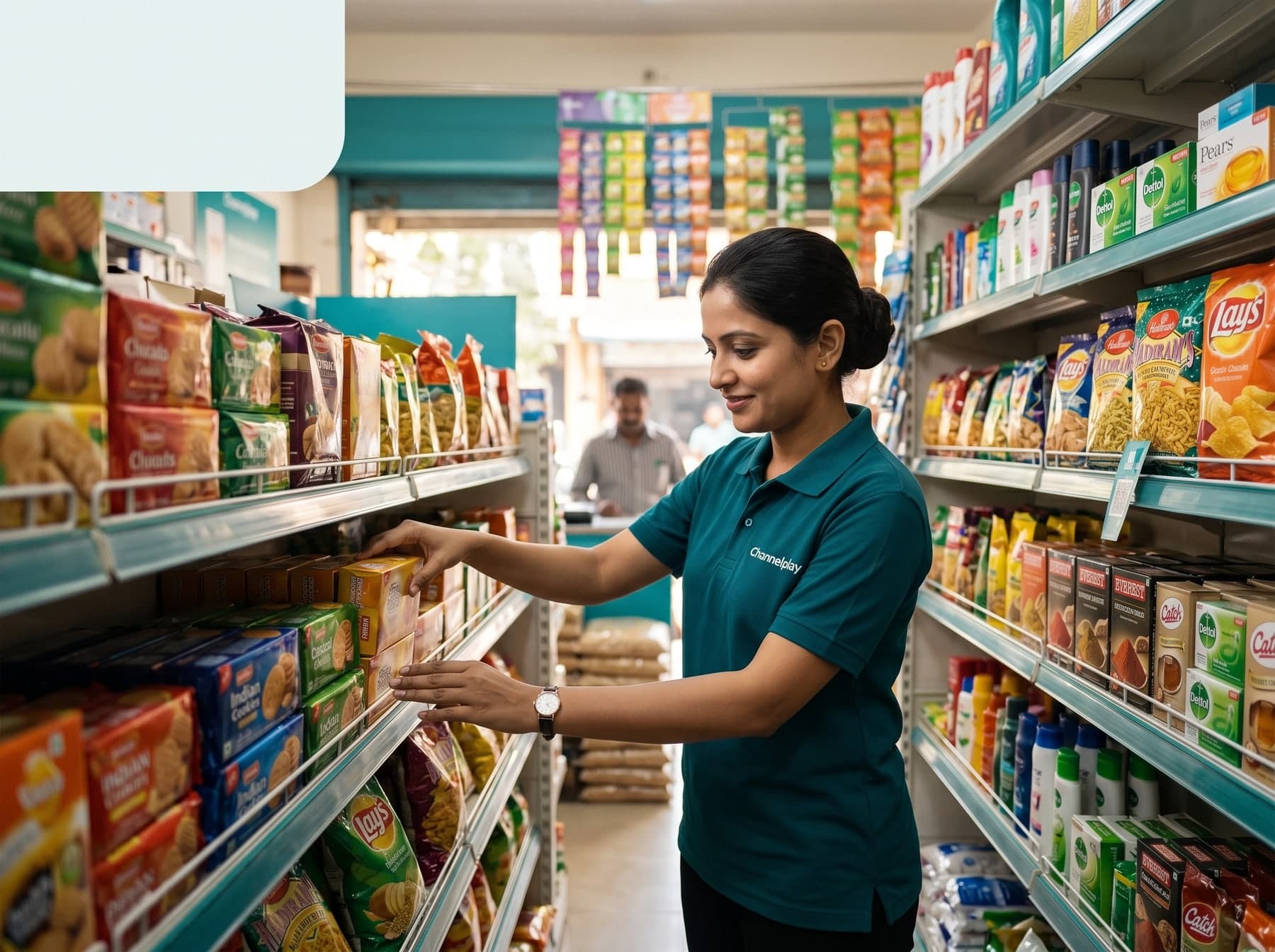 Channelplay merchandiser arranging products in a general trade store