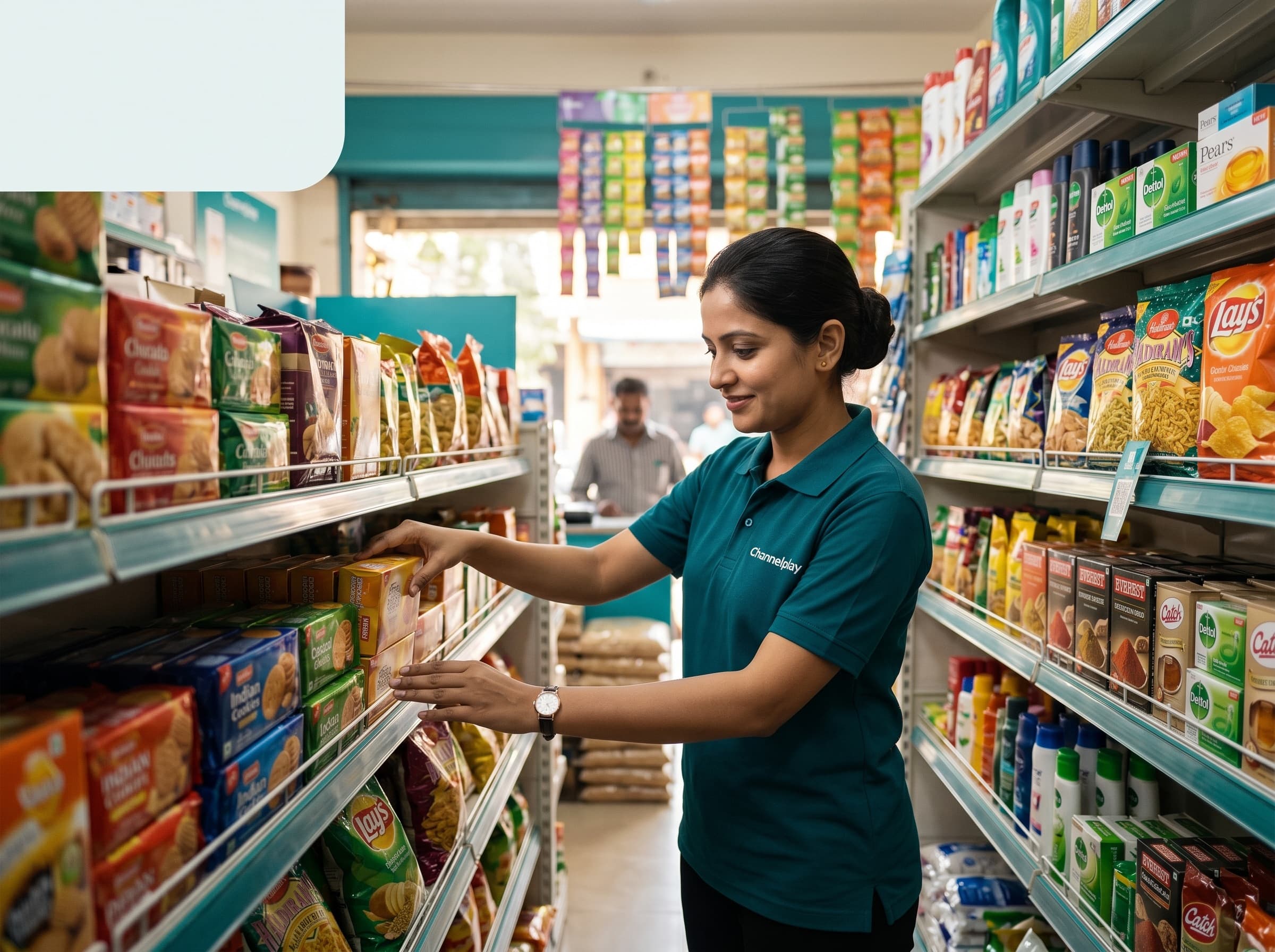 Channelplay-style general trade merchandising inside an Indian FMCG retail outlet