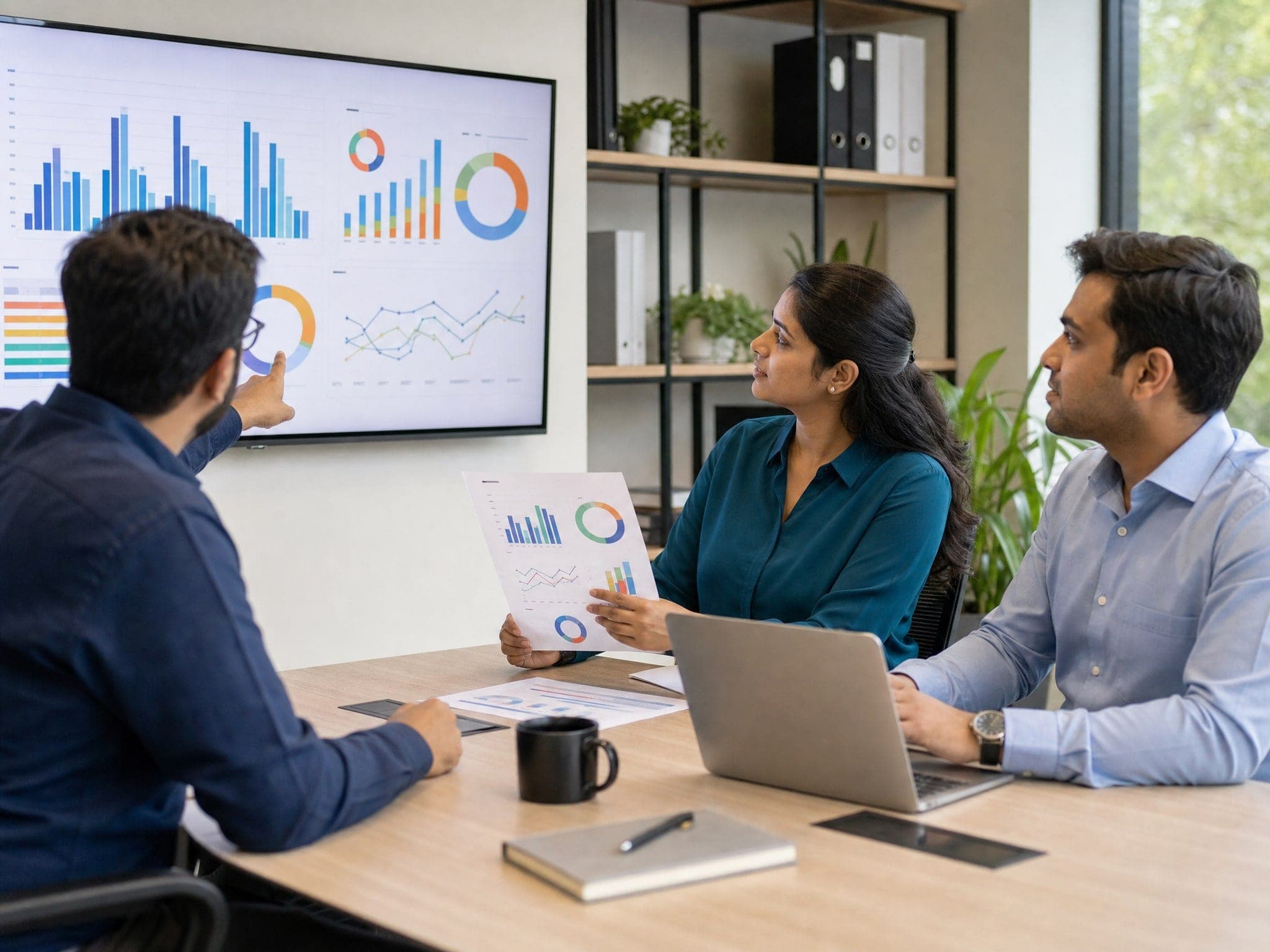 Market research team analysing retail and consumer evidence on a large screen