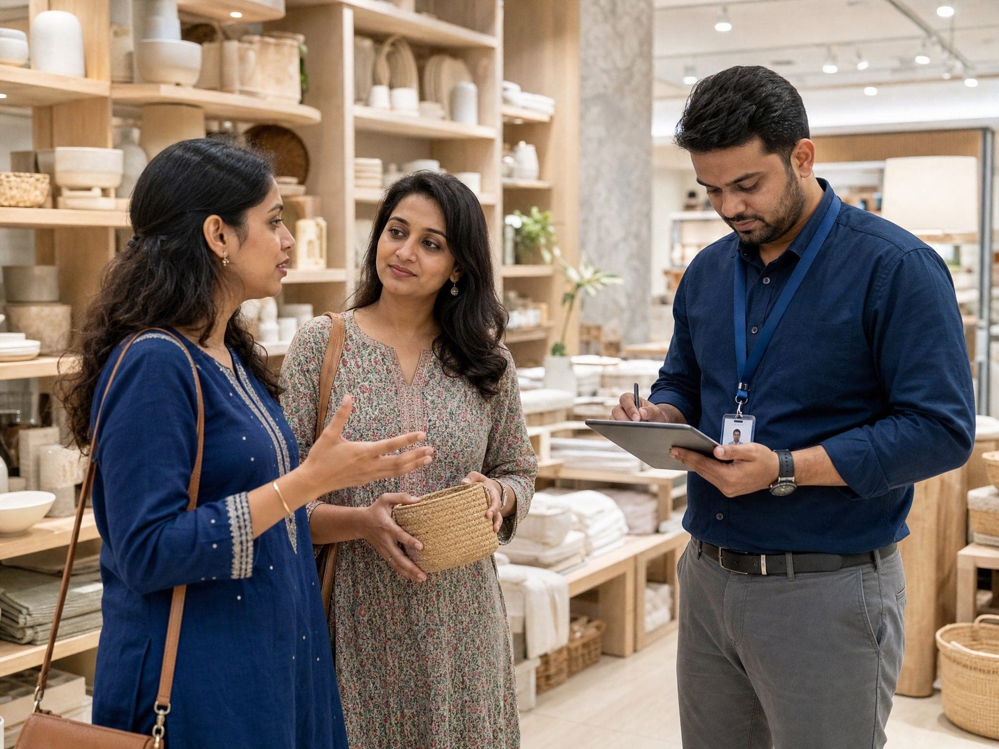 Market researcher reviewing consumer and retail evidence with an Indian store owner