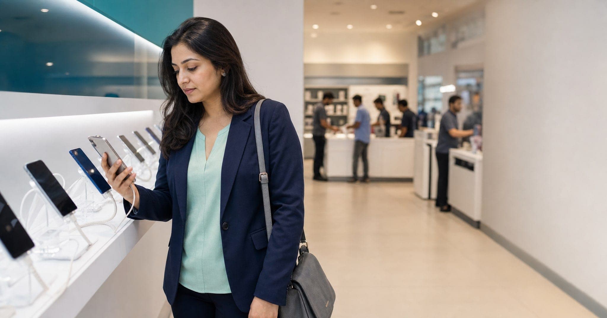 A trained field auditor documenting retail execution inside a consumer electronics store