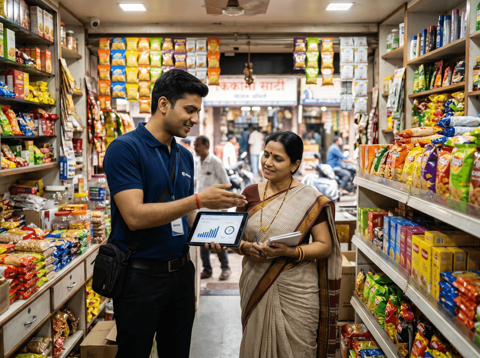 Field sales representative discussing distribution and retail visibility in a general trade outlet