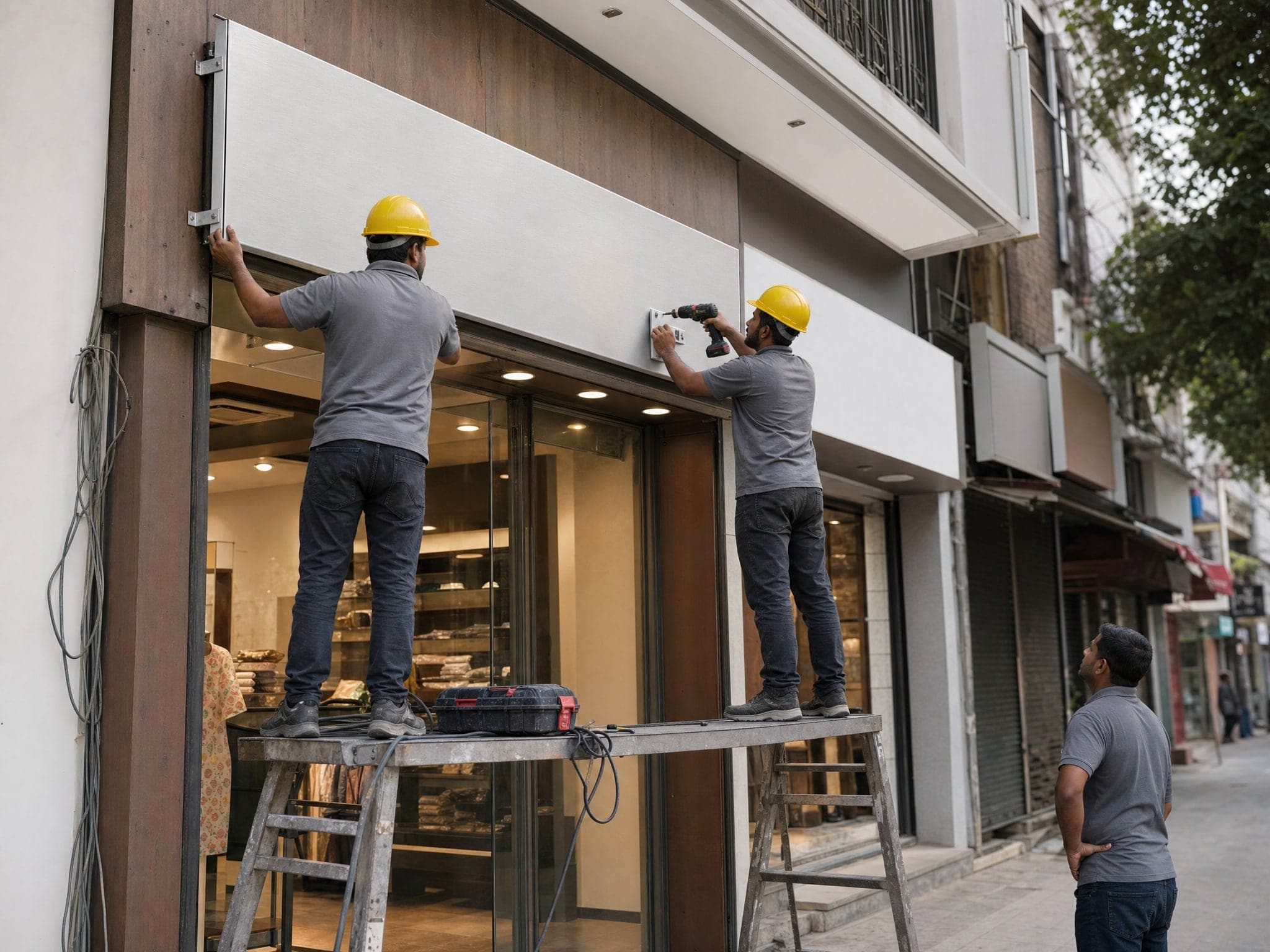 Installation crew mounting a storefront fascia sign panel