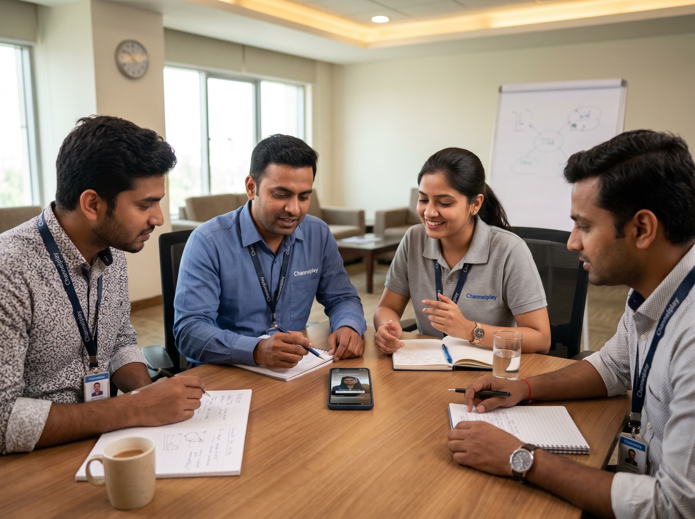 Retail sales staff reviewing social learning content together