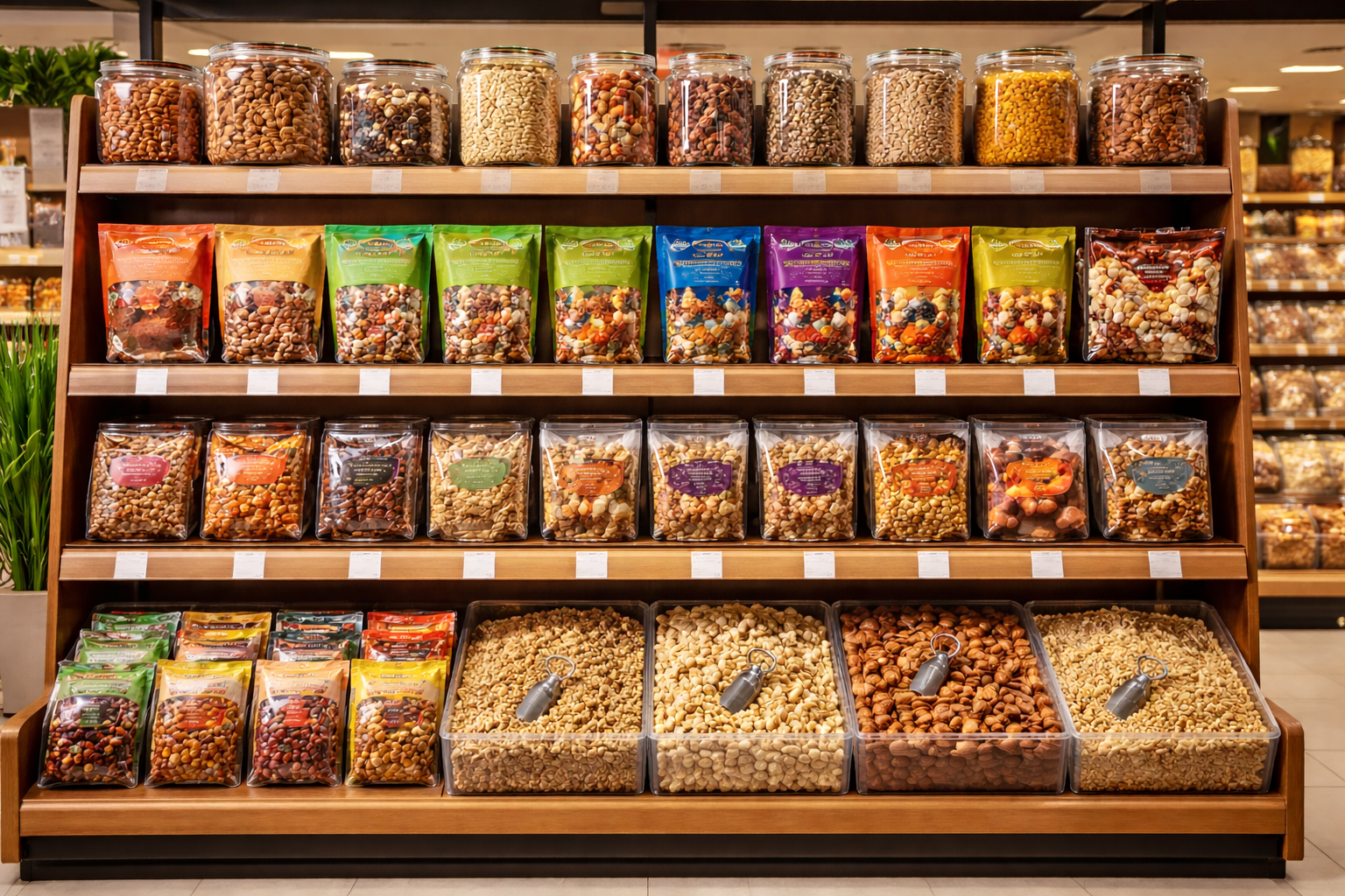 Dry fruits shelf display in modern trade store