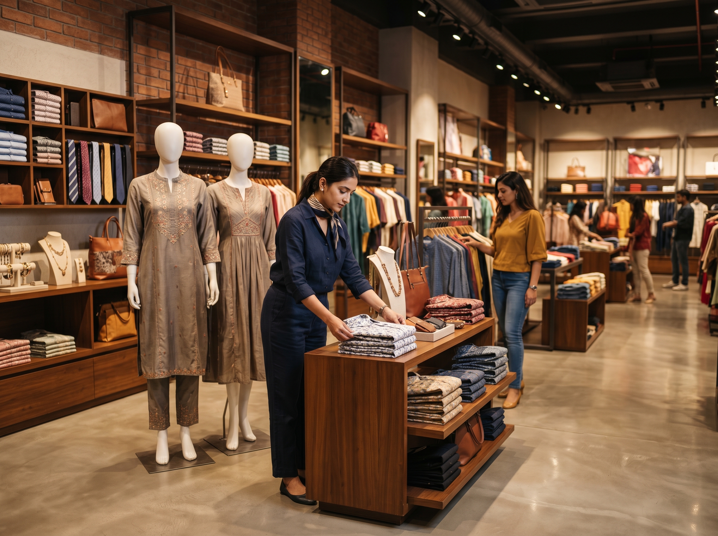 Apparel and accessories retail environment with coordinated visual merchandising