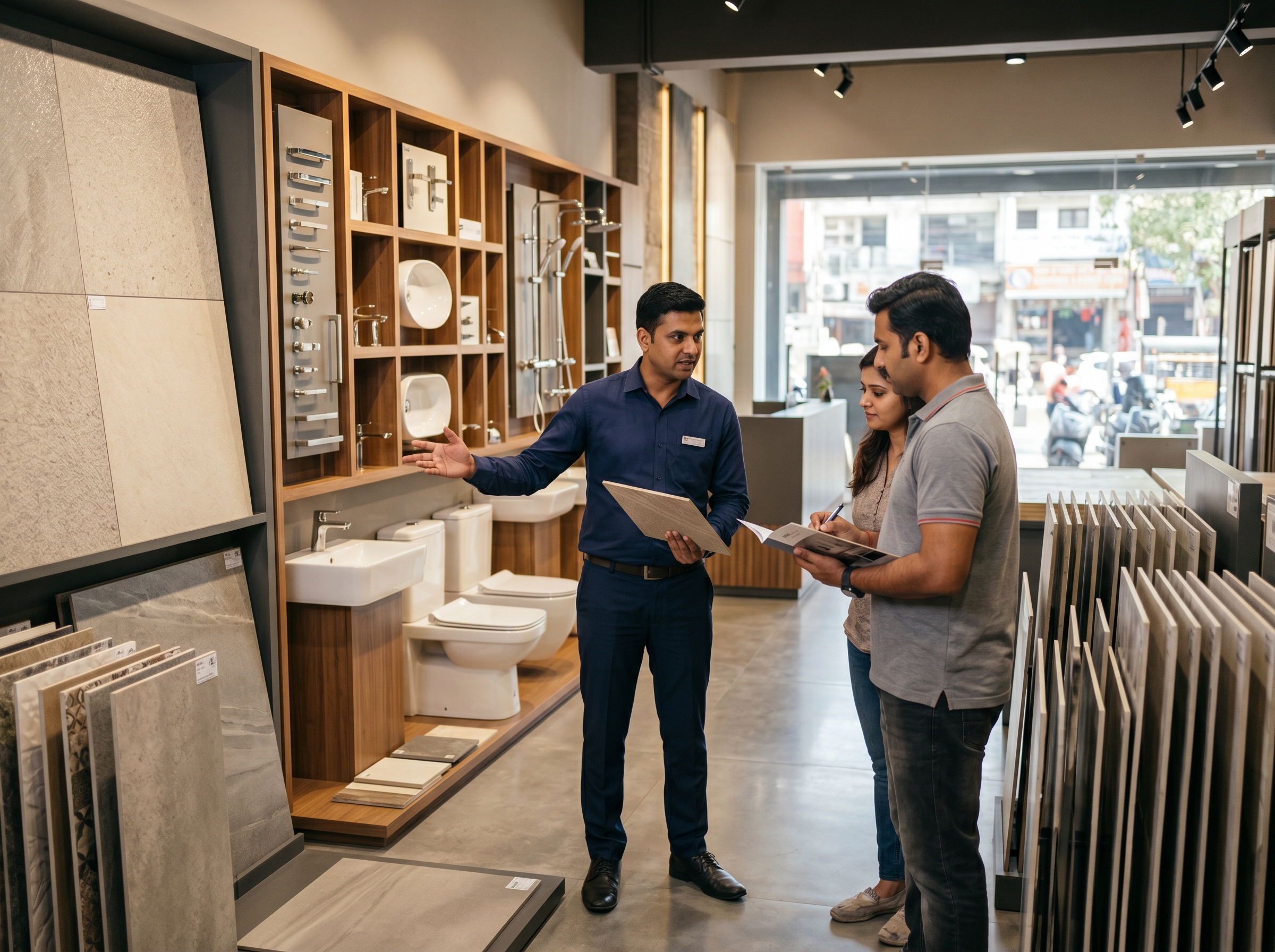 Building materials showroom with dealer engagement and product display quality