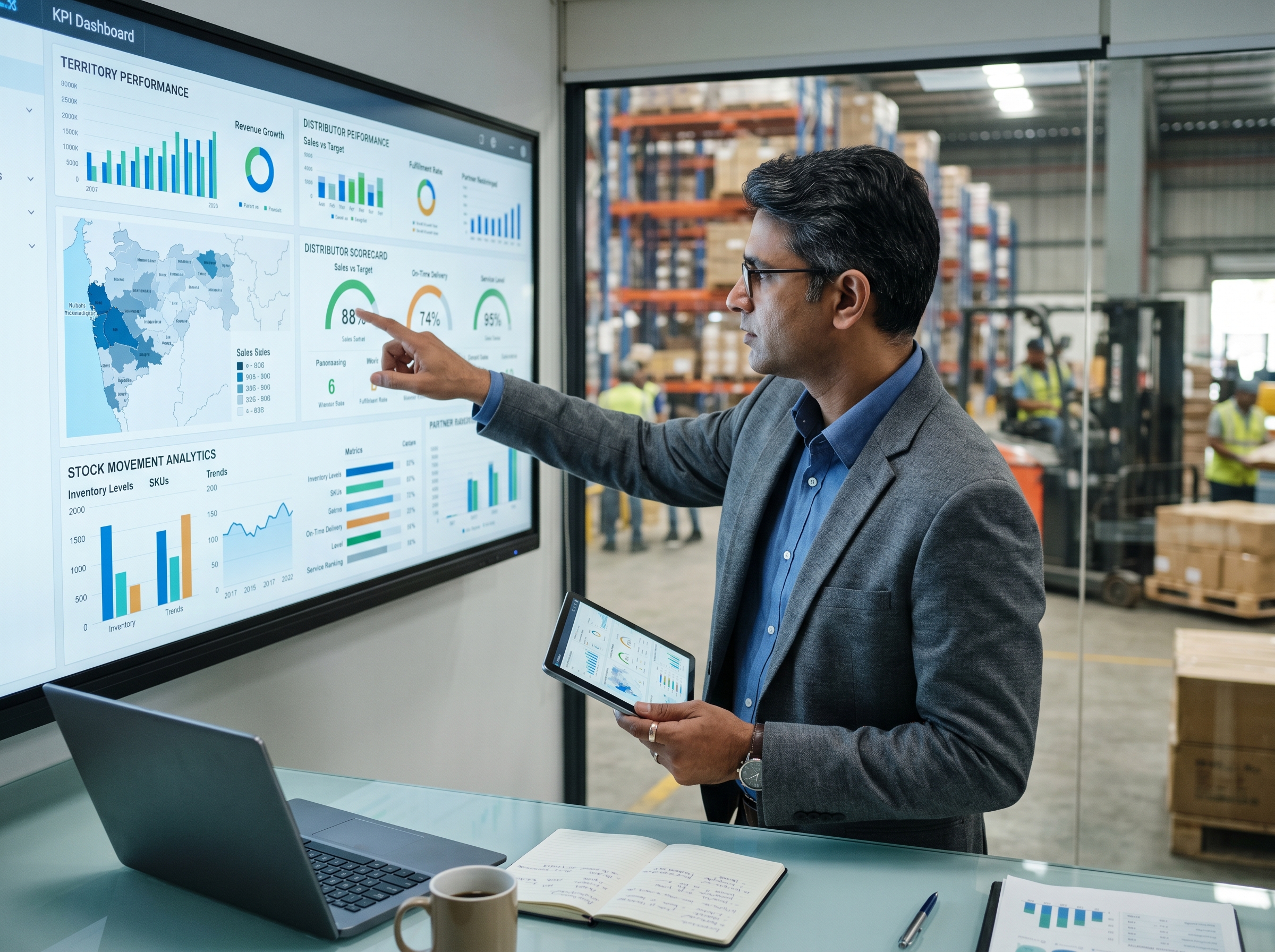 Channel manager reviewing distributor KPIs and scorecards