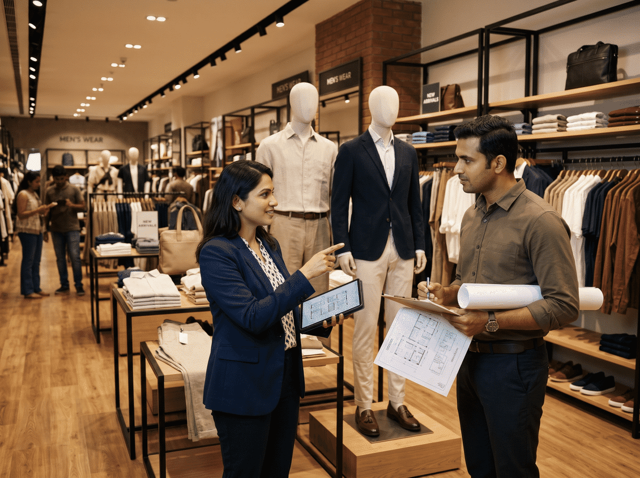 Retail visual merchandising manager reviewing outsourced store execution